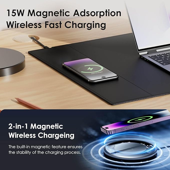 Magnetic Mouse Pad with Wireless Charging 23.4'' x 15.6'' Extra Large Desk Pad Waterproof and Scratch-Resistant Mousepad Charcoal Black Computer Mouse Mat for MacBook PC Laptop