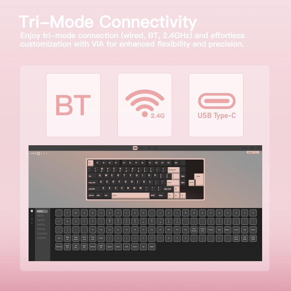 KEEBMONKEY WOBKEY Rainy 75 CNC Aluminum HMX/JWK/Cocoa Switches Triple-Mode Connectivity Mechanical Keyboard with Superior Acoustics, RGB/PP/Mirrored Glass/3500mAh/Violet Switch (Standard - Pink)
