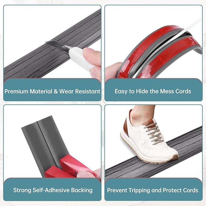 Floor Cord Cover Self Adhesive Cord Hider Floor Extension Cord Covers for Floor Power Cord Protector Cable Management Prevent Cable Trips Cable Cavity 0.32" W x 0.32" H (Deep Grey Wood, 10Ft)