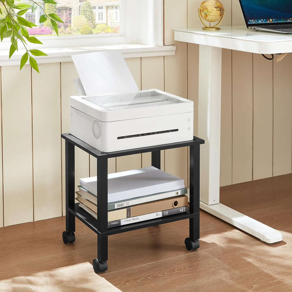 2 Tier Printer Stand with Storage,Under Desk Shelf Printer Table, Rolling Printer Cart for Office,Home,Black