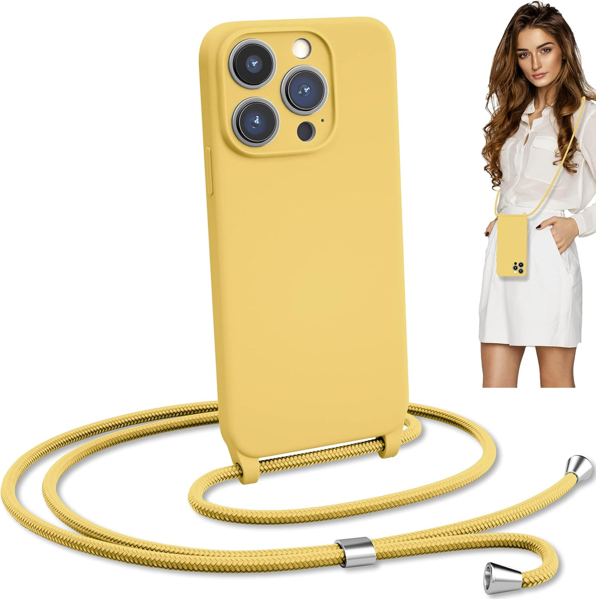 Blaspins Crossbody Lanyard Strap Case for iPhone 13 Mini, Neck Cross Body, Adjustable Holder Removable, Drop Protection Shockproof, Hands-Free Silicone Case 5.4 inch, 150 cm Strap, iP13mini - Yellow