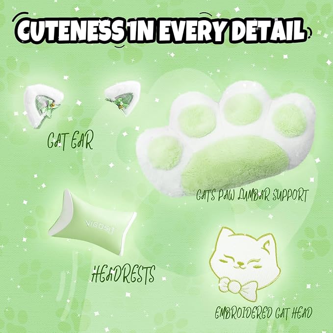 Cute Cat Ears Gaming Chair for Women Girls - Ergonomic PU Leather Office Chair with Footrest cat paw Pillow 360° Swivel Recliner Green