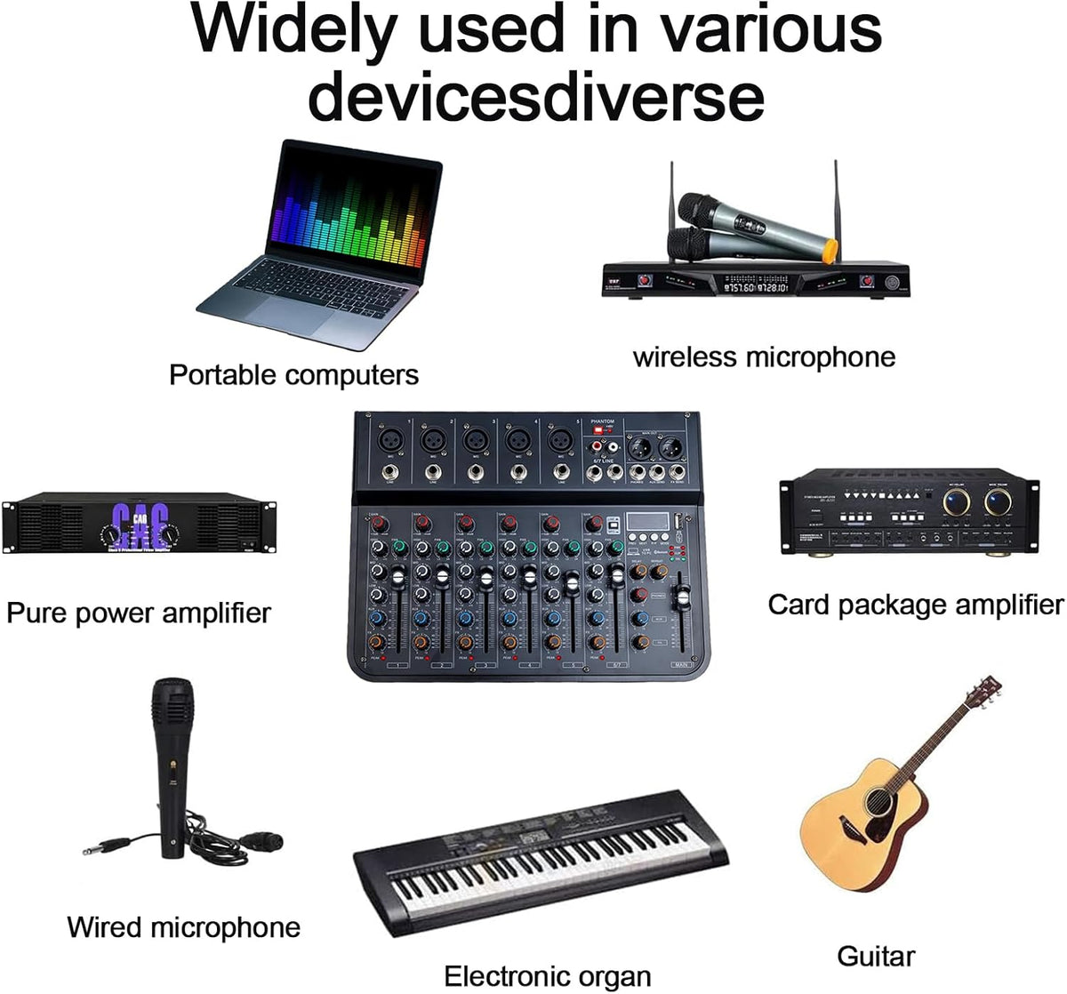 7 Channel mixer, DJ Mixer Board with Bluetooth and Usb, Audio Sound Card with Interface Recording and 48V Phantom Power, Sounds Mixer Board with FX Reverb Delay Effect for Streaming