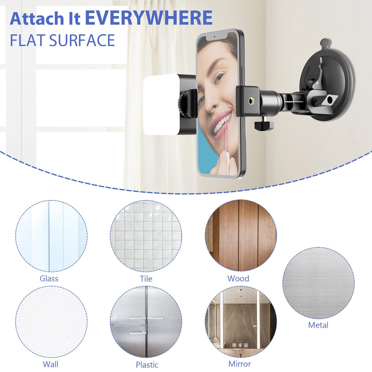 LenTok Suction Cup Mirror Phone Holder with Light, Travel Wall Phone Camera Mount for Makeup Content Creator Essentials, Mirror Tripod for Bathroom