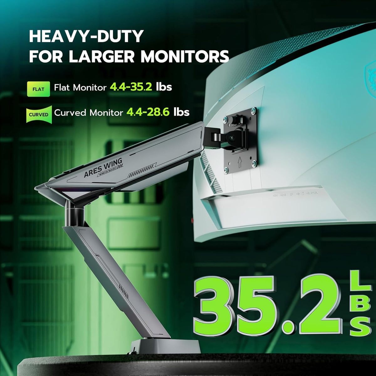 ARES WING RGB Single Monitor Arm Desk Mount for 17-45 inches Flat and Curved Monitors, Holds 35.2 lbs Heavy Duty, Adjustable Ultrawide Monitor Arm with Clamp & Grommet Base, 75/100 VESA Mount, Gray