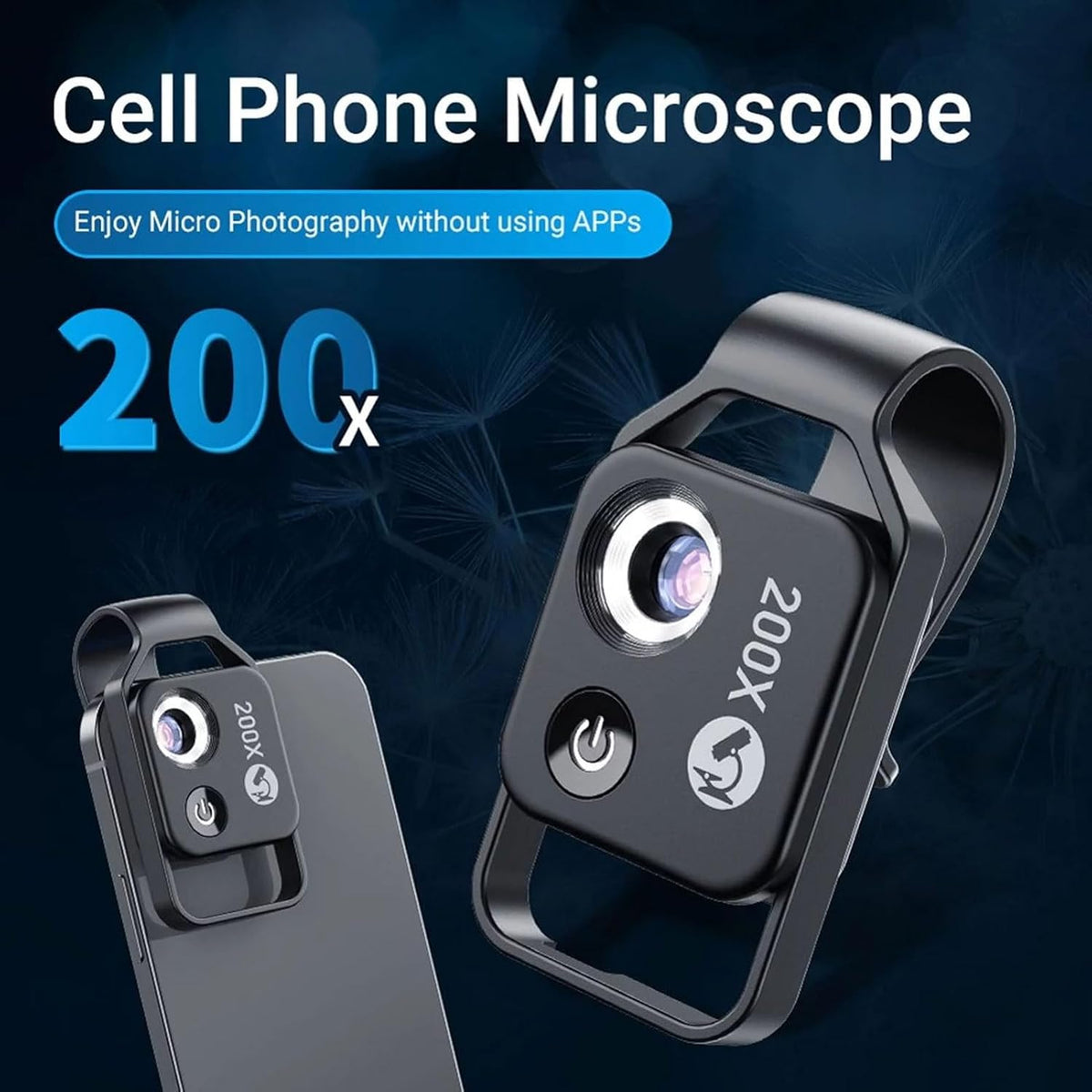 200X Phone Mini Pocket Microscope, Zoom Mobile Phone External Lens, Portable Digital Microscope Camera Attachments, with CPL Lens LED Light, Universal Clip Design (Black)
