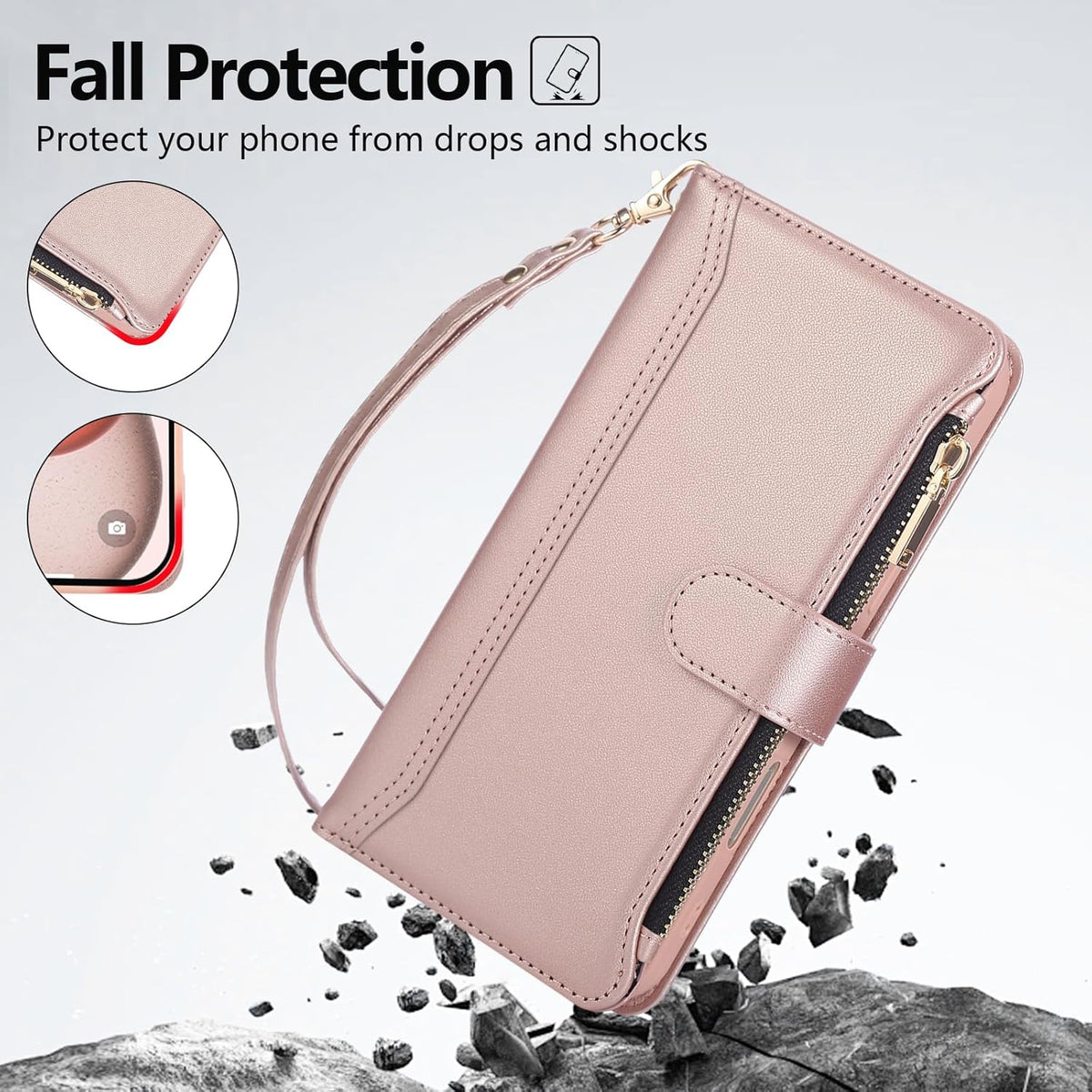 Compatible with iPhone 13 Pro Max Wallet Phone Case-PU Leather Magnetic Flip Cover with Credit Card Slots,Zipper Pocket & Detachable Wrist Strap,Shockproof Design,for Women and Men-Pink