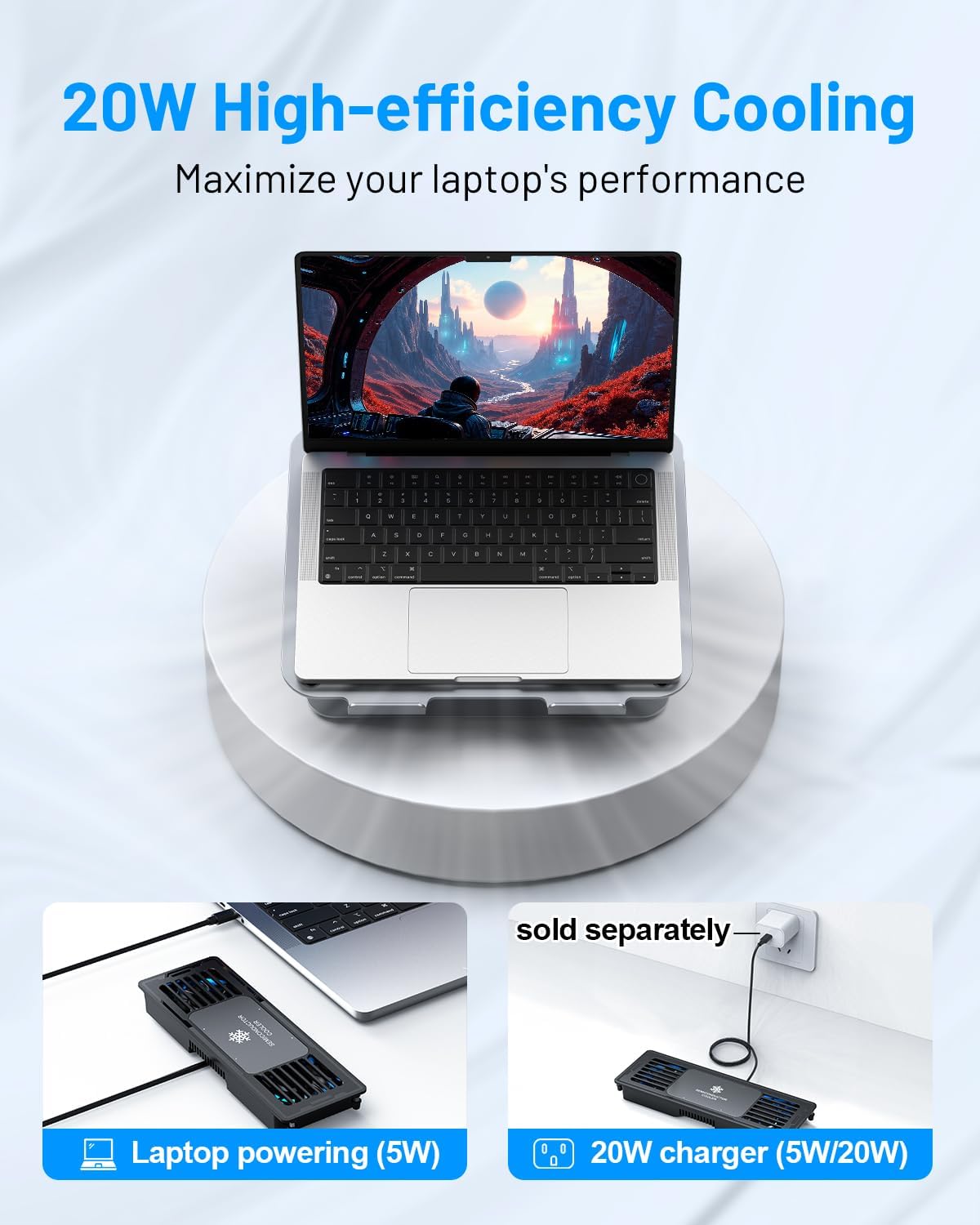 Laptop Cooling Stand with Detachable Thermoelectric Cooler, Adjustable Height & Angle, 360 Rotation Base, Carbon Steel Framework, Ultra-Quiet & Super Sturdy for up to 15.6” Laptop (Grey)