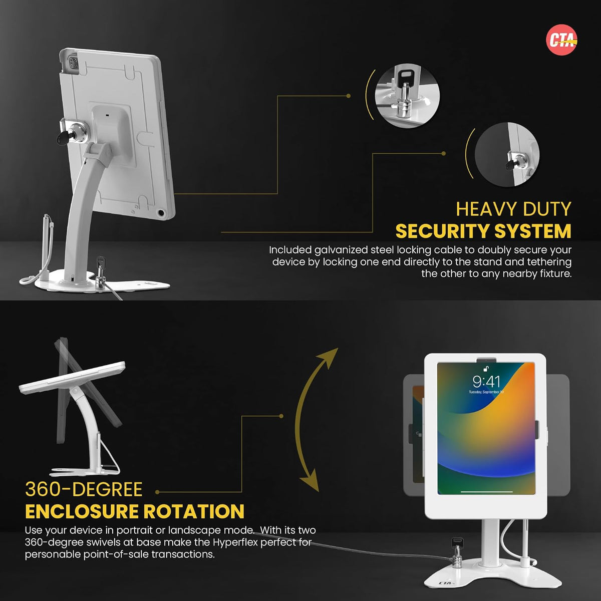 Dual Kiosk Stand – CTA Dual Security Kiosk Stand with Locking Case and Cable for iPad 11th Gen A16 11” - 10th Gen 10.9” - 11” Pro - Air 4 & 5 Gen - White (PAD-ASK109W)