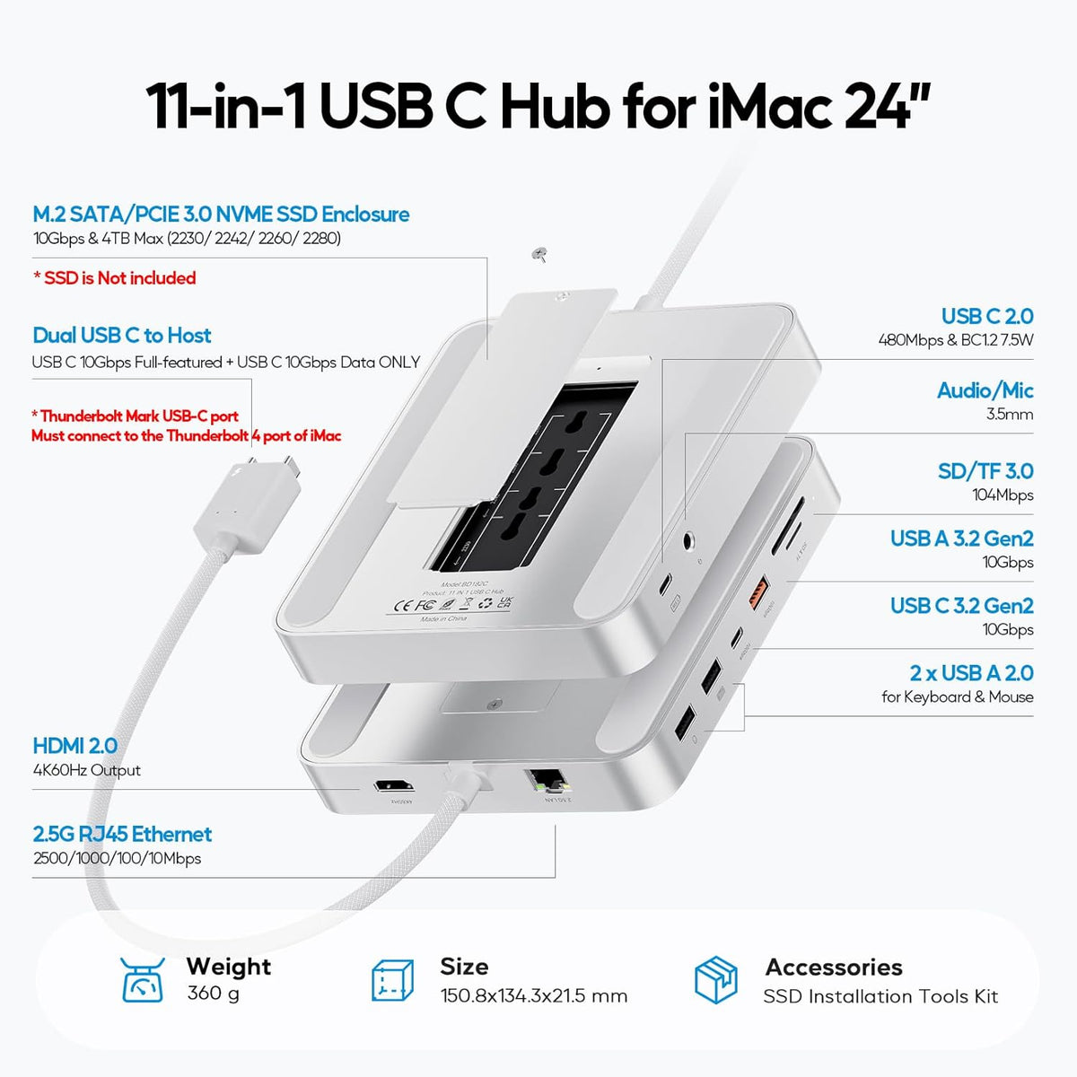 Upgraded 11 in 1 USB C Hub for iMac 24 inch USB Hub 2021 2023 2024 Support M.2 SSD (NOT Included), iMac Hub M1 M3 M4 Accessories, 4K HDMI, 2.5G Ethernet, 5 USB A/C Max 10Gbps, SD/TF - Silver
