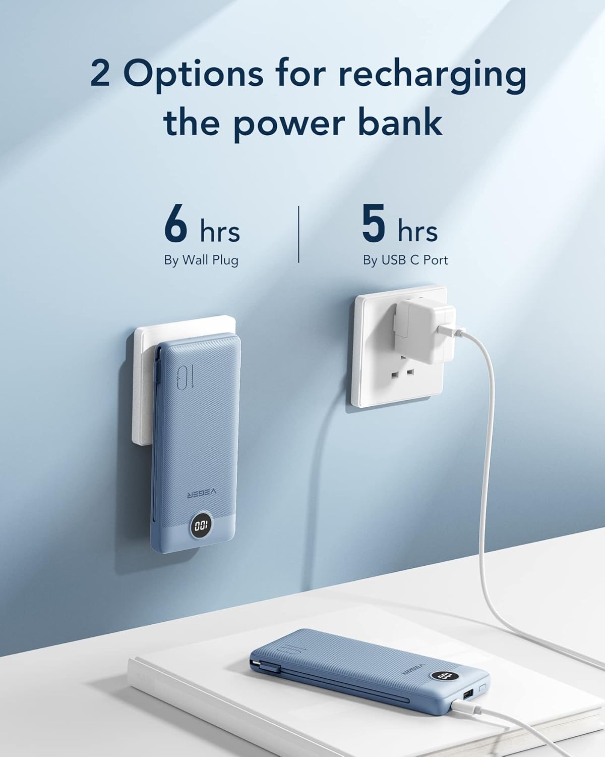 VEGER Portable Charger for iPhone Built in Cables and Wall Plug, 10000mah Slim Fast Charging USB C Power Bank, Travel Essential Battery Pack Compatible with iPhones, iPad, Samsung More Devices(Blue)