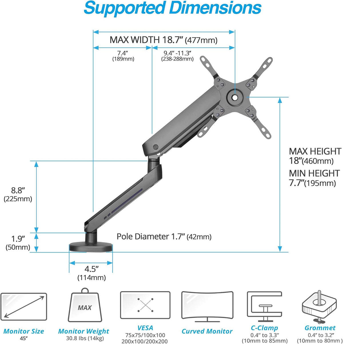 AVLT Single 27”-45” RGB Gaming Monitor Arm Desk Mount Built-in 20 Lighting Modes Touch Button Control Fits Flat/Curved/Ultrawide Screens Height Swivel Tilt Rotation Adjustable Stand -Dark Gray