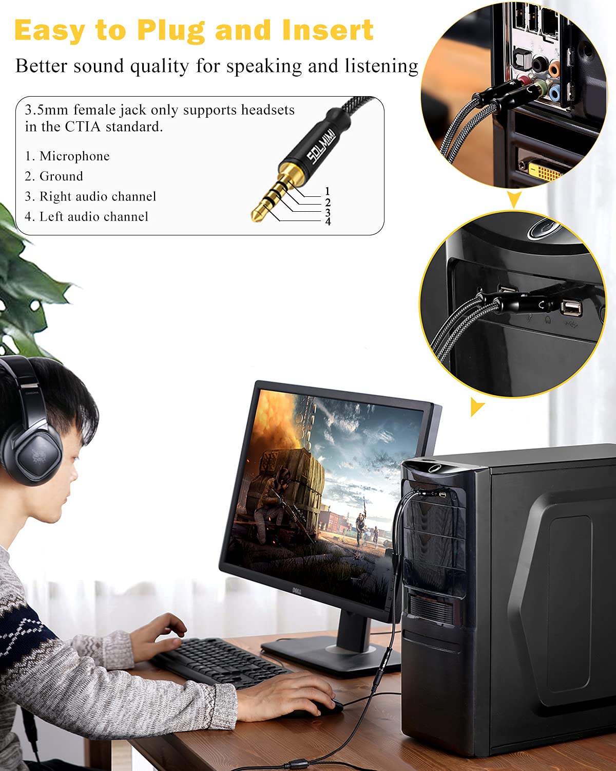 3.5mm Headset Splitter for PC 2 Pack, Crystal-Nylon Braid Female to Dual 3.5mm TRS Male Headphone Mic Splitter Audio Y Cable, CTIA Gaming Headset to PC Adapter - Matte Black 0.3M…