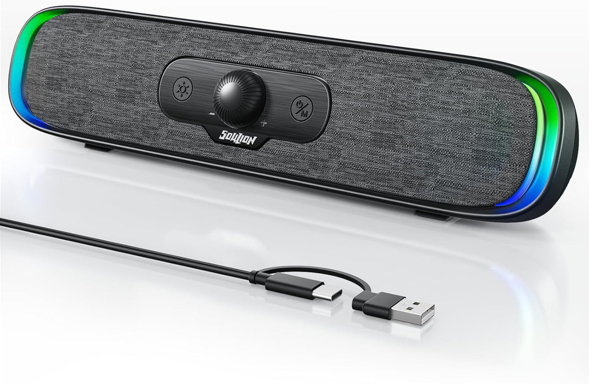 SOULION R200 Bluetooth Computer Speakers, Compact PC Speakers, USB C/USB Plug & Play Desktop Speaker with Colorful LED Lights, Clear Sound PC Soundbar for Computer Desktop Laptop Monitor