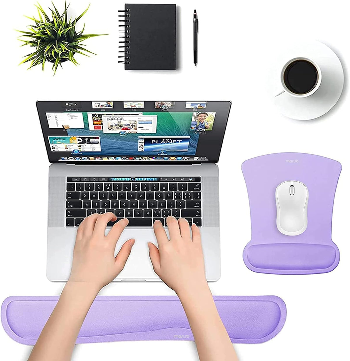MOSISO Wrist Rest Support for Mouse Pad & Keyboard Set, Ergonomic Mousepad Non-Slip Base Home/Office Pain Relief & Easy Typing Cushion with Neoprene Cloth & Raised Memory Foam, Light Purple