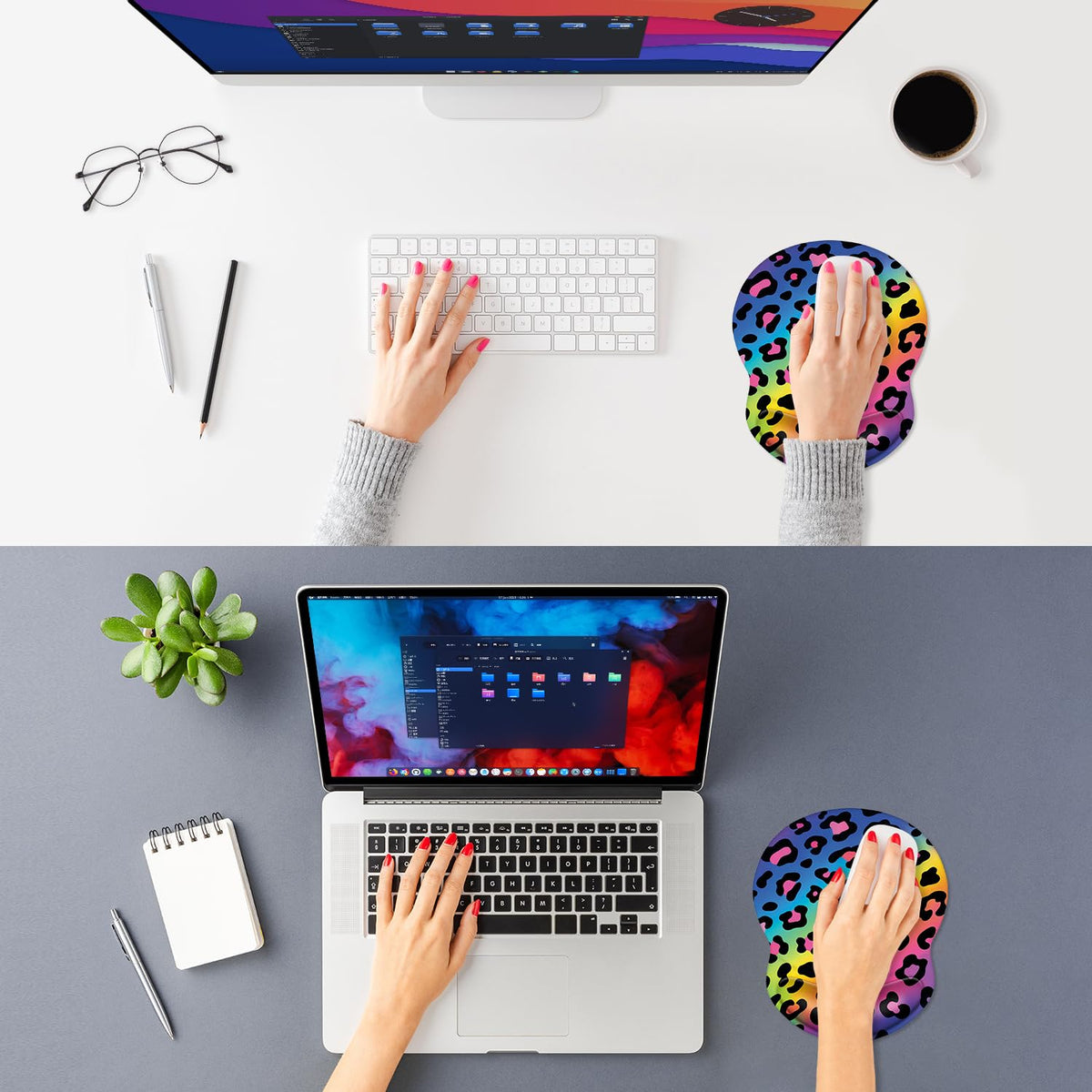 ITNRSIIET Ergonomic Mouse Pad with Comfort Gel Wrist Rest, Non-Slip PU Base, Smooth Textured Surface, Reduces Hand Fatigue & Wrist Pain, 8.7 x 7.2 Inch for Office Gaming Home, RainbowLeopard