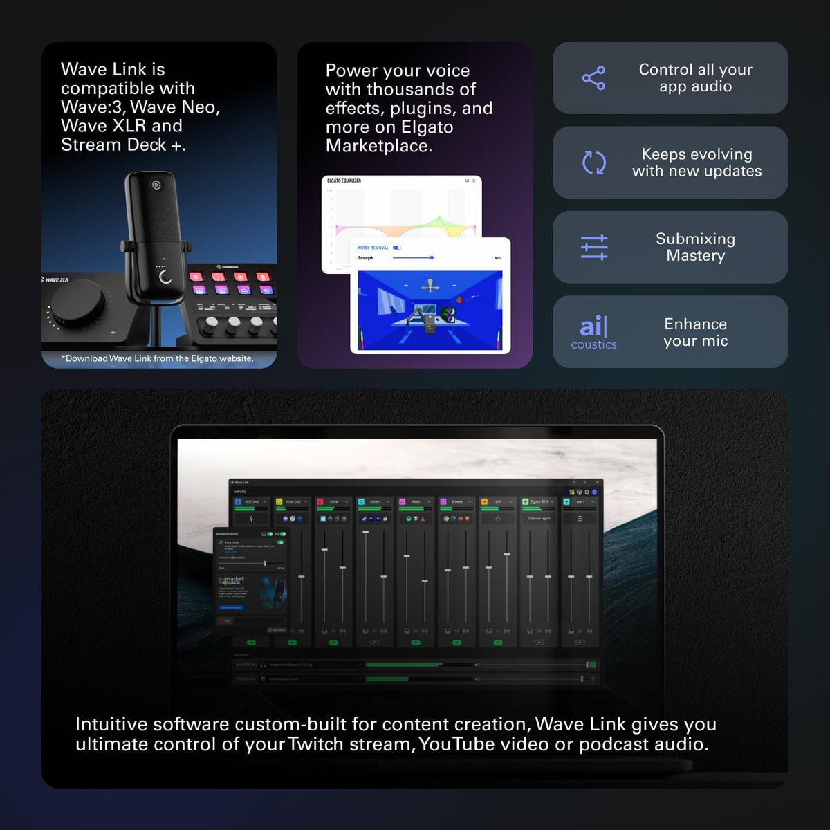 Elgato Wave:3 - Premium Studio Quality USB Condenser Microphone for Streaming, Podcast, Gaming and Home Office, Free Mixer Software, Sound Effect Plugins, Anti-Distortion, Plug ’n Play, for Mac, PC