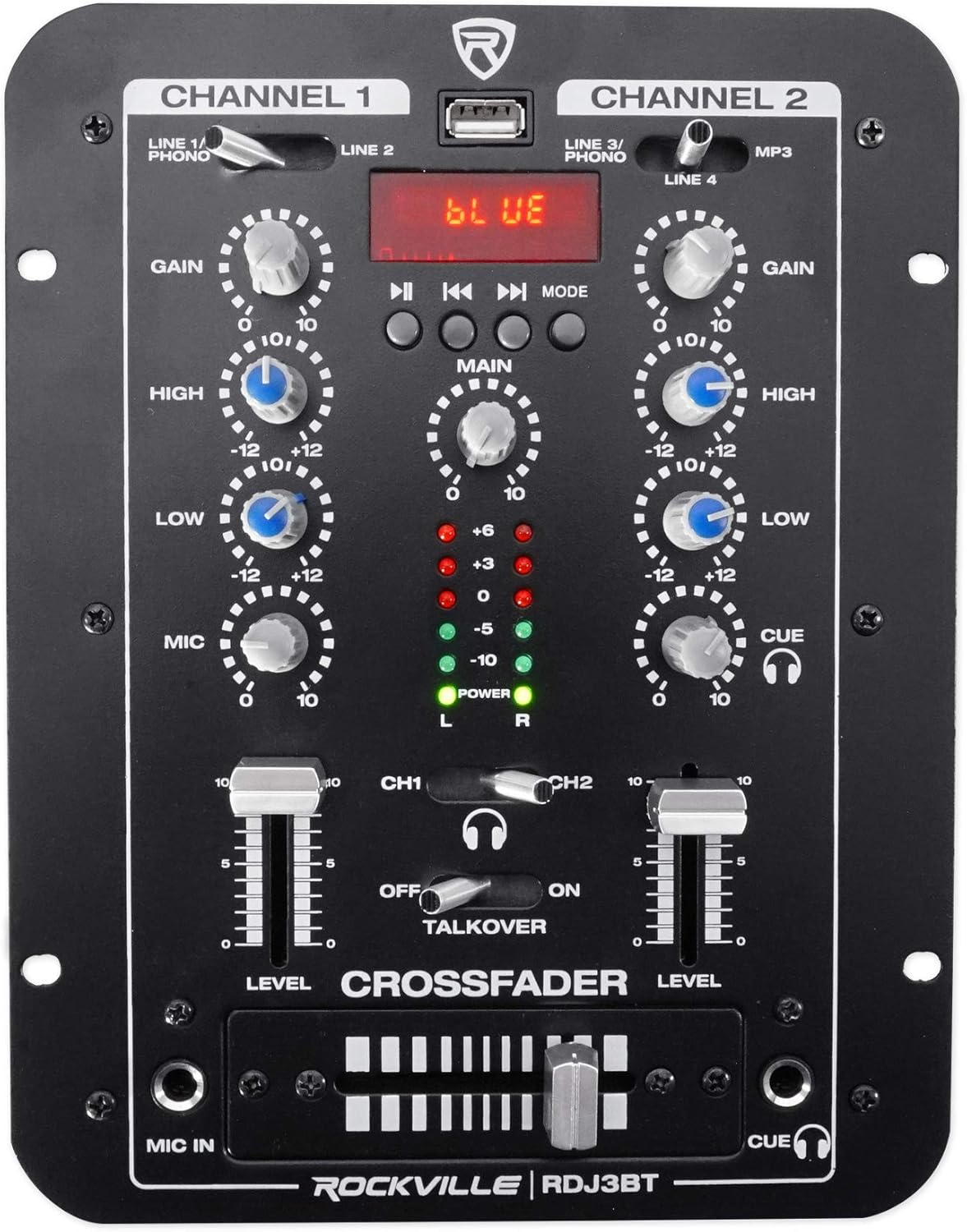 Rockville RDJ3BT 2 Channel DJ Mixer with USB, Bluetooth, Talkover, 4 Line Inputs