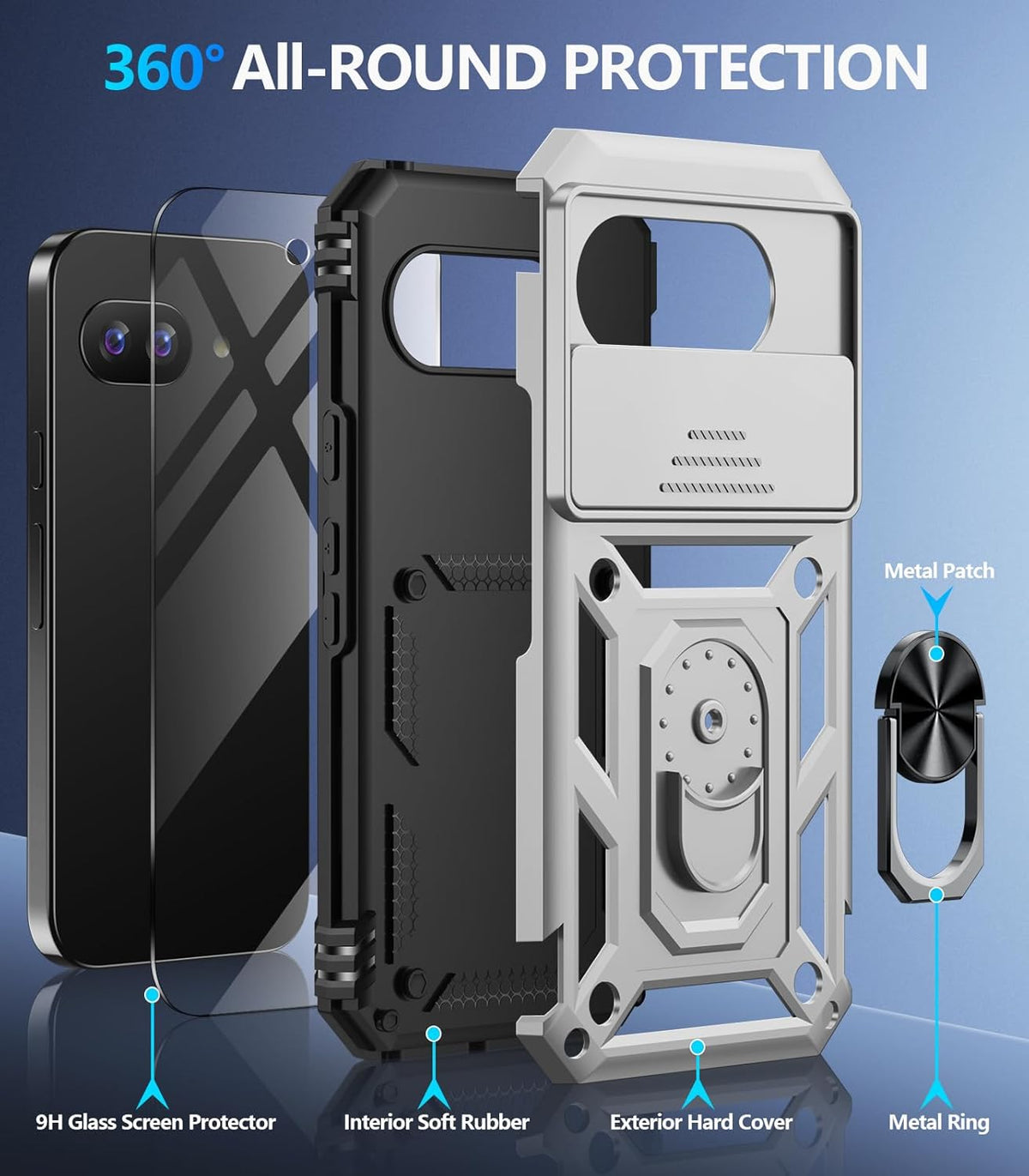 Taisairu for Google Pixel 9A Case with Screen Protector & Slide Camera Lens Cover, Built-in 360°Rotate Magnetic Ring Stand Shockproof Protective Phone Case for Google Pixel 9A Case (Silver)