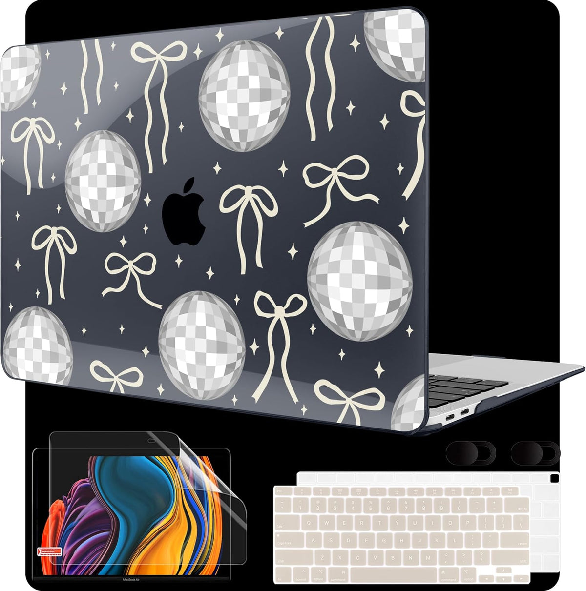 MEEgoodo for MacBook Air 13 inch Case 2021 2020 2019 2018 Released A2337 M1 A2179 A1932 with Touch ID, Plastic Hard Shell & Keyboard Cover Compatible with MacBook Air Case 13.3,Silver Disco Balls&Bows