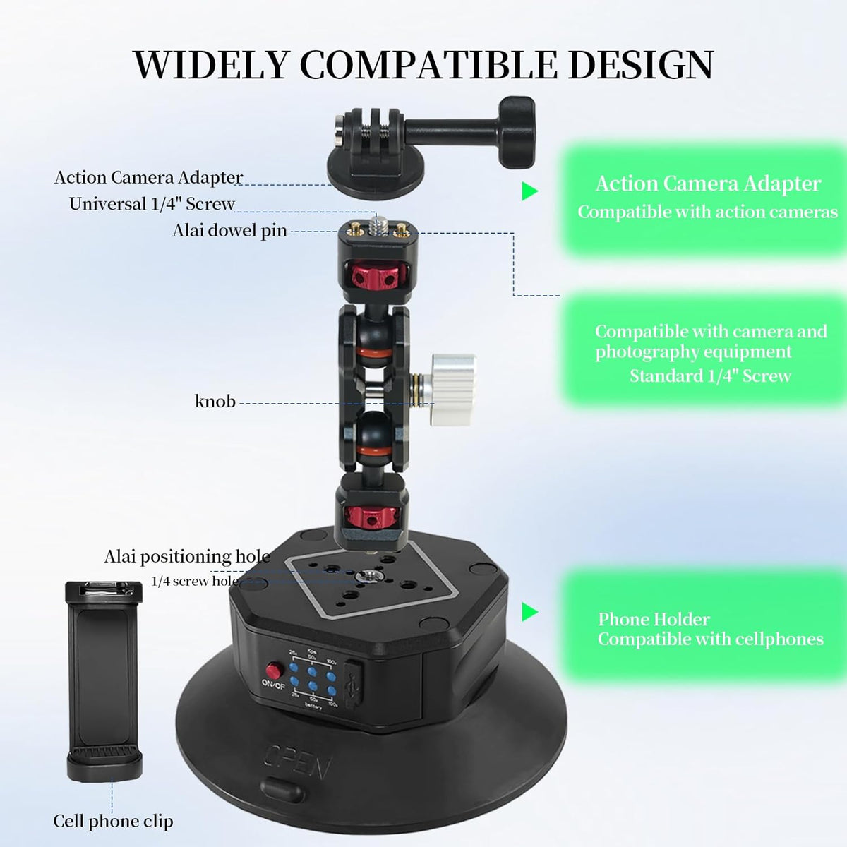 FIFIELD 6in Electric Auto Pump Suction Cup Camera Mount with Aluminum Ball Head Magic Arm, Automatic Air Pump Vacuum Cup, Quick Release Car Mount Compatible with DJI OSMO Pocket 3 Insta360 iPhone