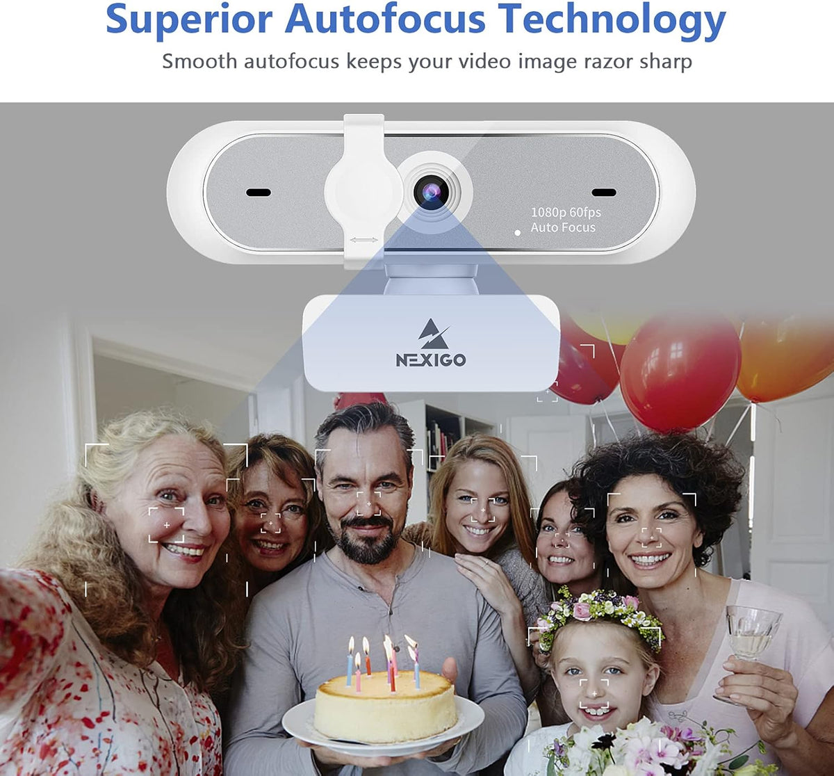 NexiGo N660P (Gen 2) 1080P 60FPS Webcam with Software Control, Dual Microphone & Cover, Autofocus, HD USB Computer Web Camera, for OBS/Zoom/Skype/FaceTime/Teams/Twitch, White
