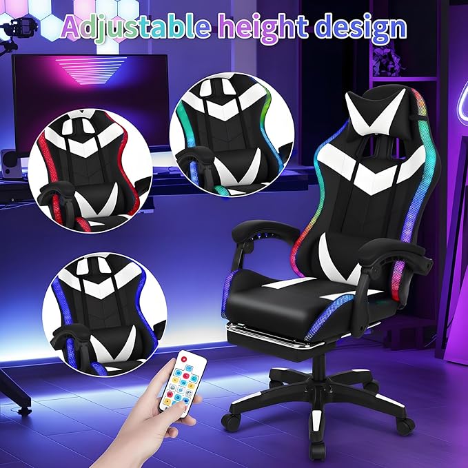 Gaming Chair Computer Chair with Footrest and Massage Lumbar Support Racing Executive Ergonomic Adjustable Swivel Task Chairs with Headrest and Lumbar Support (Black)
