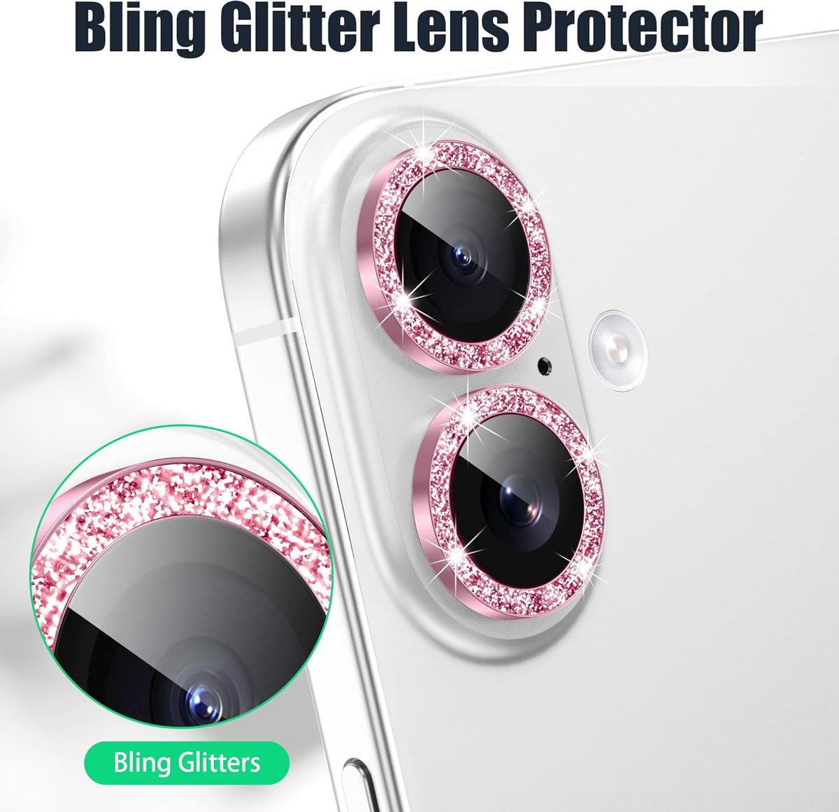 AGVEE 3+3 6 Pack for iPhone 16 6.1" / 16 Plus 6.7" Camera Lens Cover Protector, Bling Diamond & Bling Glitter Metal Ring 9H Tempered HD Glass Camera Cover Protector Film, Bling-Pink