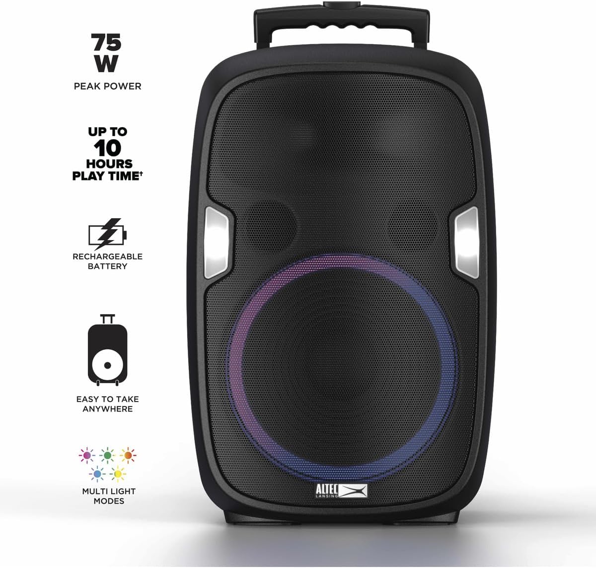 Altec Lansing SoundRover 75 Wireless Speaker 75W Bluetooth Speaker with a Long Lasting 10 Hour Battery, 50 Foot Range, Multi LED Party Modes, True Wireless Pairing, Bonus Microphone