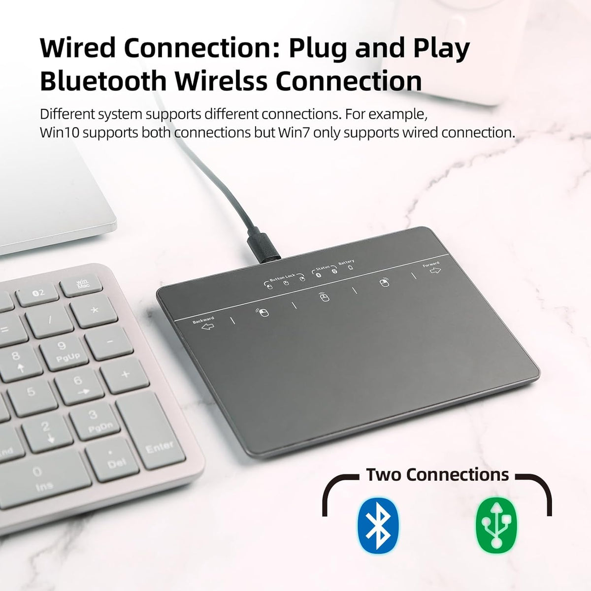 Wired & Wireless Metal Touchpad for PC Computer & Laptop, Rechargeable Trackpad Travel-Friendly Bluetooth & USB Mouse Pad for Windows 7/10/11, Black