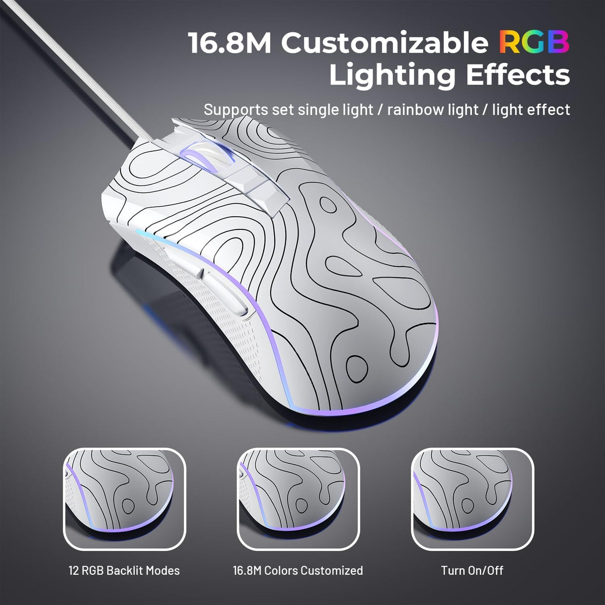 XVX G705 Wired Gaming Mouse, 12000 DPI RGB Gaming Mouse with 12 Backlit Modes & 7 Macro Buttons, PC Gaming Mice Support DIY Keybinding, Mouse Gamer Computer Mouse for Laptop PC Mac Windows,Topographic