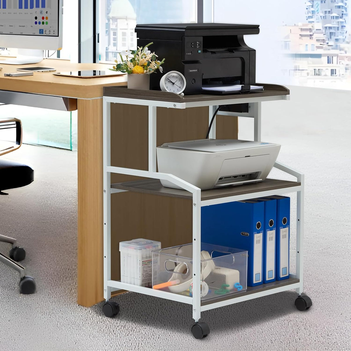 Lauren&Harold 34'' Printer Stand with Power Outlets & USB Ports, 3-Tier Adjustable Rolling Cart, Heavy Duty 150LBS Storage Table with Wheels for Office, Kitchen, Living Room, Grey/White