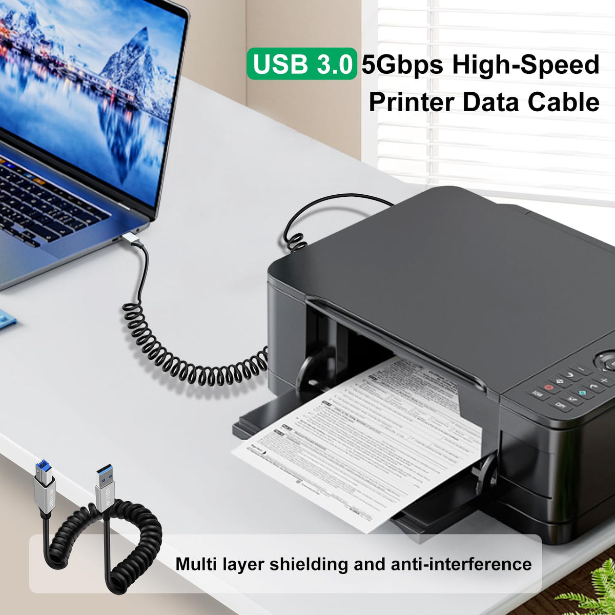3.0 0.8 Coiled Printer Cable USB B to USB A Super USB Type A to B Male Cable for Scanner, External Hard Drives