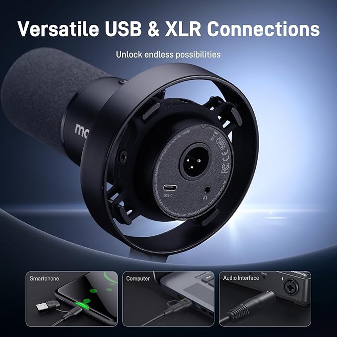 MAONO USB XLR Dynamic Microphone for Podcast: PC Computer Gaming Mic with 192kHz/24bit for Studio Recording Streaming Content Creation (PD300XT+BA37)