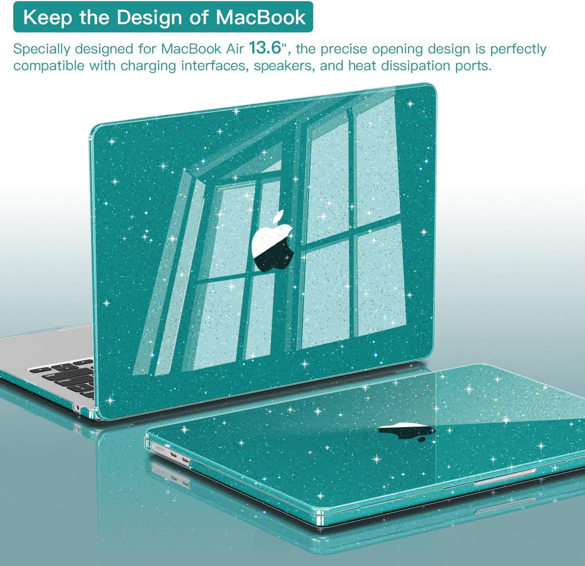 CISSOOK for MacBook Air 13 inch Case M4 M3 M2 2025 2024 2022, Plastic Hard Shell Case Glitter Bling Cover with Keyboard Cover for MacBook Air 13.6 A3240 A3113 A2681, Deep Teal Glitter