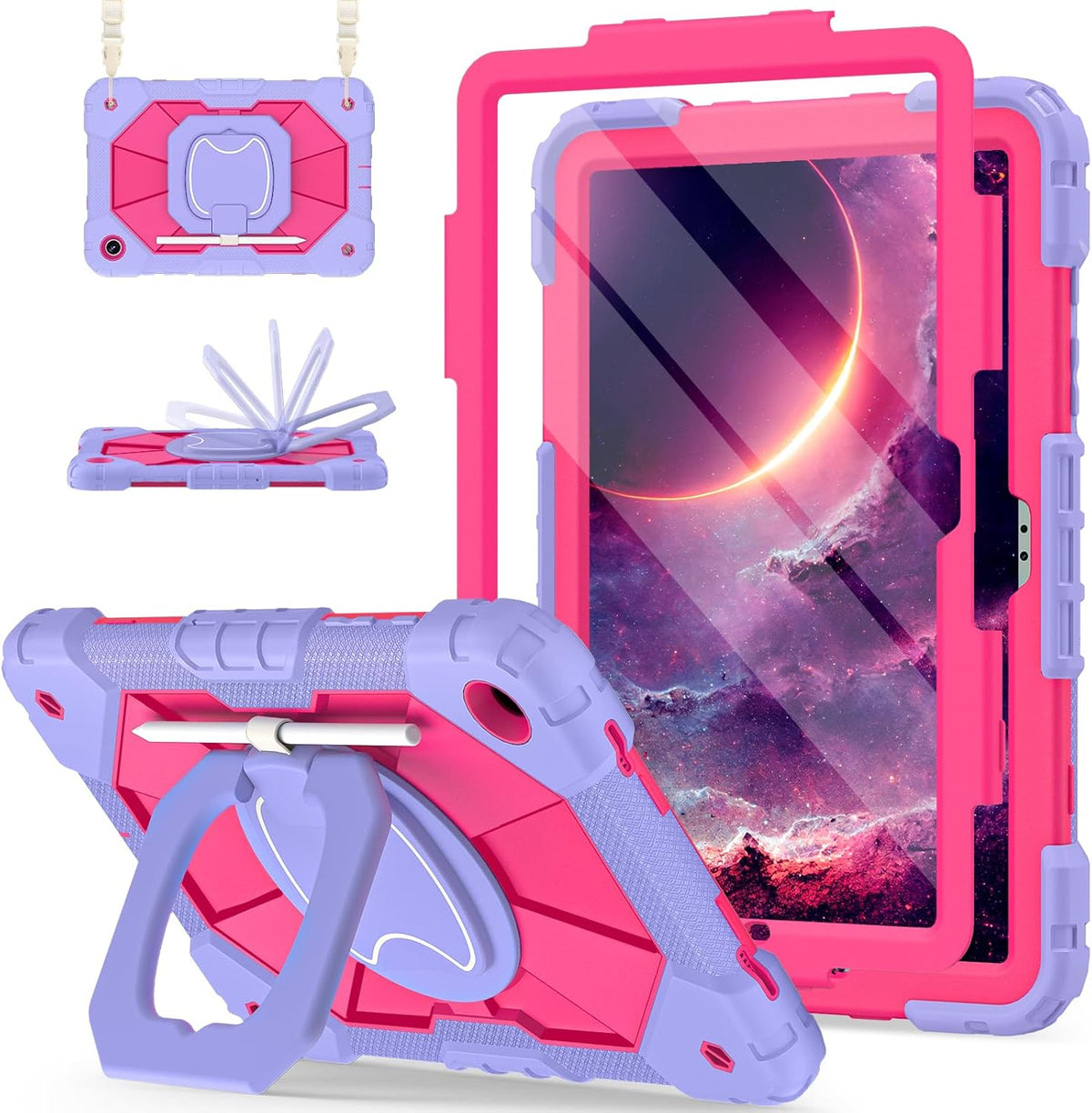 for Galaxy Tab A9 Plus Case 11 Inch, Rugged Case for Samsung Galaxy A9+ Tablet with Screen Protector 360 Rotating Stand Shoulder Strap Pen Holder, 2023 Model(SM-X210/X216/218), Purple Pink