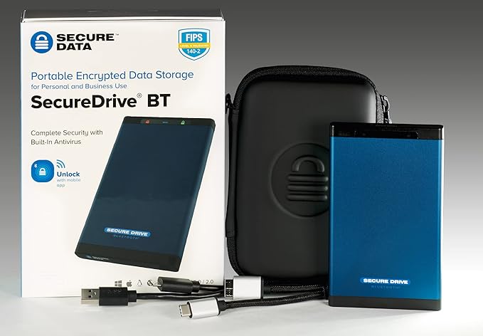 SecureData SecureDrive BT 1TB SSD Hardware Encrypted USB 3.0 Ext Drive FIPS 140-2 Level 3 Unlock via Phone app TAA Compliant CJIS HIPAA CMMC GDPR Compliant Works with Mac and Win Free AV