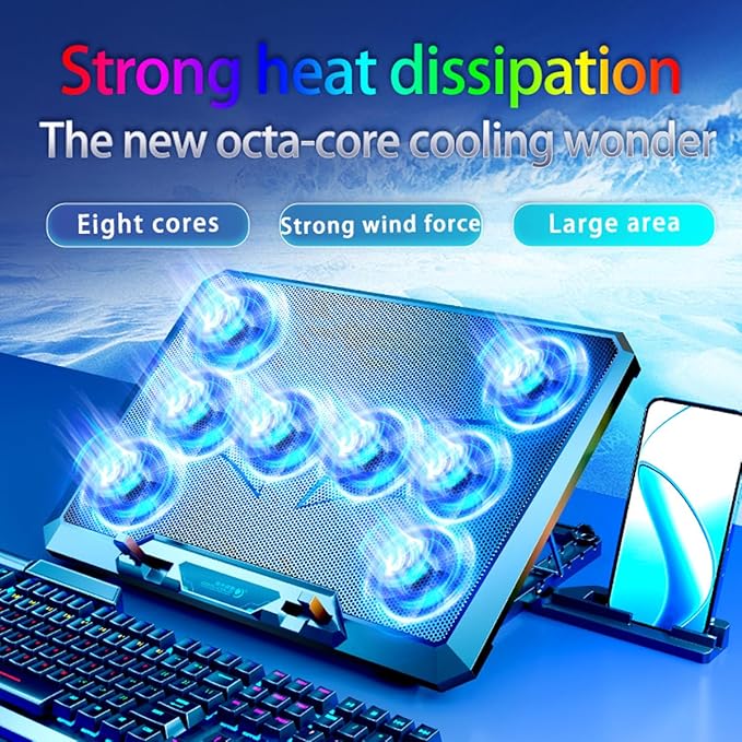 Laptop Cooling pad for Dell XPS 15 9570 Gaming laptops Laptop Cooler with 8 Fans Adjustable Speed 5-Level Height Adjustment Mute SilentBuilt-in Phone Stand