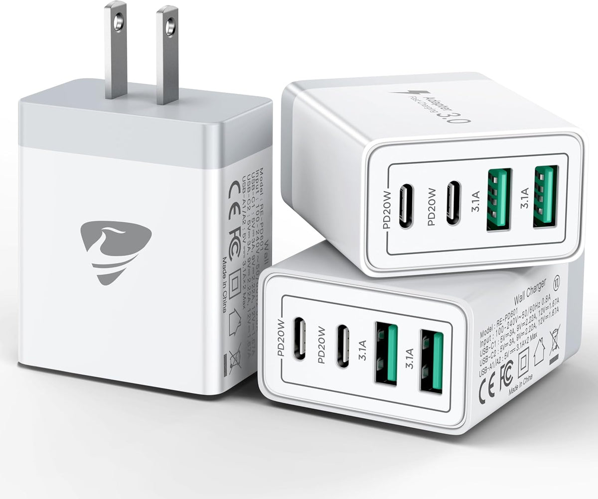 USB C Wall Charger Block 3-Pack, Aiminu 40W 4-Port PD Power Delivery Fast Type C Charging Block Plug Adapter for iPhone 15 14 13 12 11 Pro Max, XS/XR/X, iPad, Android Phones Charger Cube