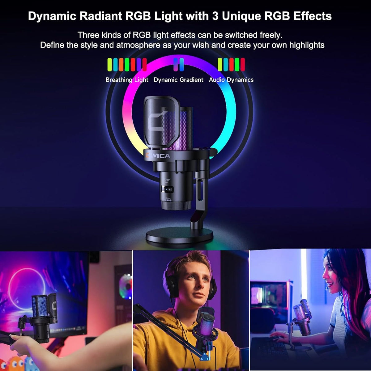 COMICA USB Microphone for Computer and Smartphone,48kHz/24bit RGB Cardioid Condenser Gaming Mic for Podcasting,Streaming,Recording,Music Creation,with Boom Arm Stand-Black(EJoy Uni A)