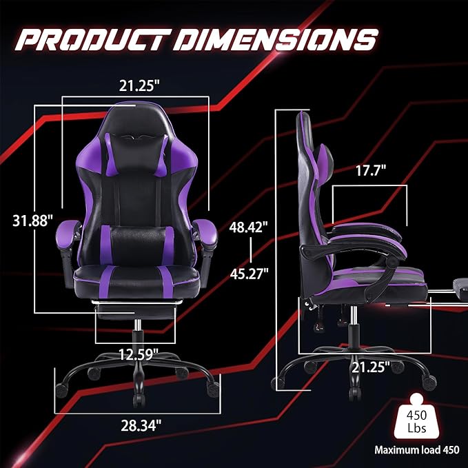 Gaming Chair Computer Chair with Footrest and Lumbar Support Ergonomic Video Game Chair with Headrest and 360°-Swivel Seat Height Adjustable Gamer Chair Office Desk Chair (Purple)