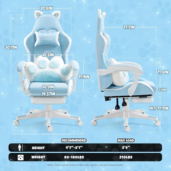Cat Ears Gaming Chair - Ergonomic PU Leather Office Chair Cute Chair with Footrest for Adult 310lbs Capacity 90°-155° Reclining paw Pillow Blue