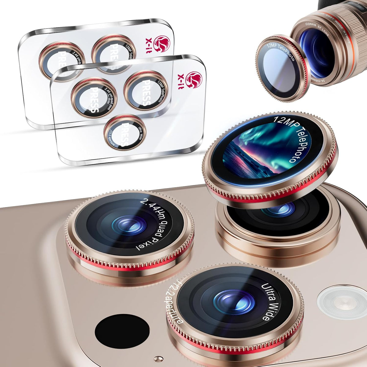 X-it 2 Pack Camera Lens Protector, Shatterproof Protection Anti-Scratch Ultra HD Camera Protector, Anti-Glare 9H Tempered Glass Lens Protector for iPhone 16 Pro Max/16 Pro, Case Friendly, Golden Red