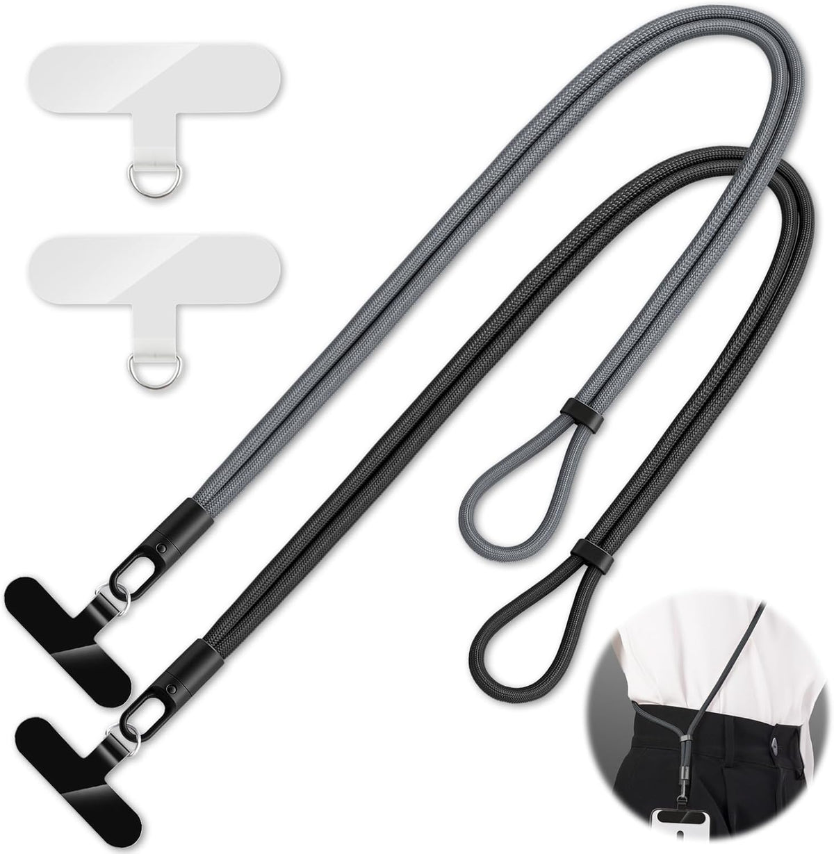 2 Pack Phone Lanyard,2×Phone crossbody strap,4×Tether Tabs,Universal Cell Phone Multifuctional Patch Polyester Lanyards,Cell Phone Lanyards for Women and Men(balck+grey)