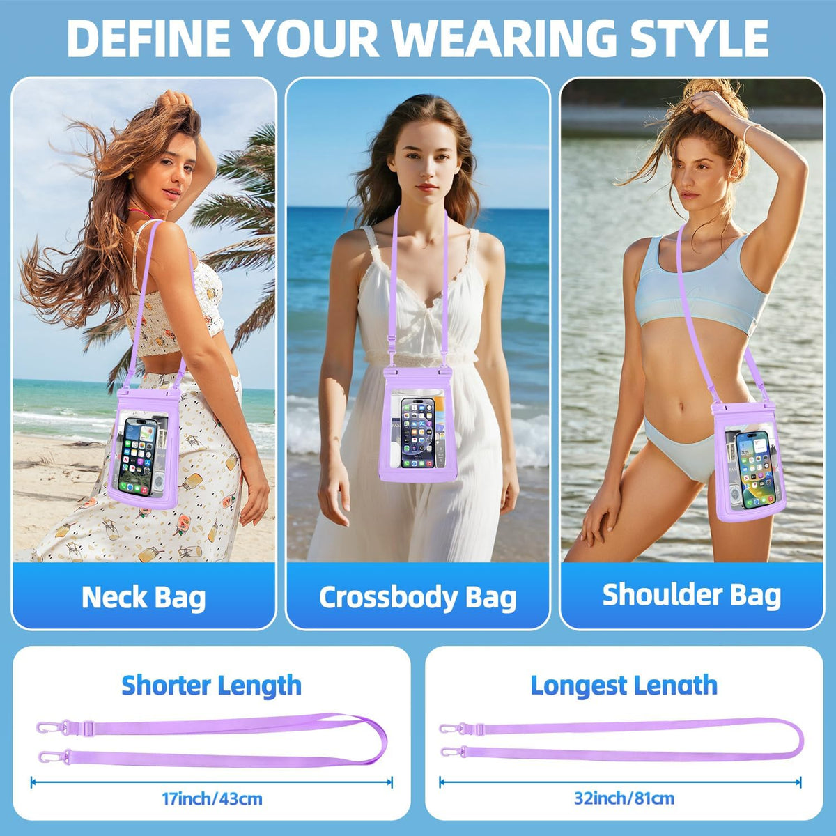 2L Floating Waterproof Phone Pouch for Up to 7.5", Large Space Adjustable Neck Lanyard Waterproof Bag. Dry Bag for Family Vacations, Beach, Pools, Kayaking, Cruises (Purple)