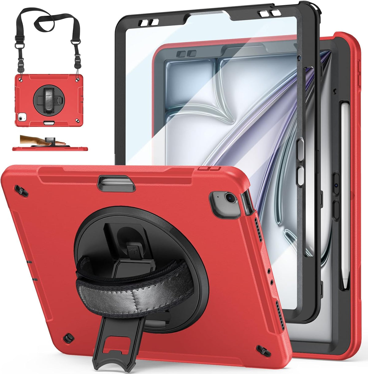 Case for iPad Air 13 Inch M3 2025 & M2 2024: Military Grade Cover for iPad Pro 12.9 6th/5th/4th/3rd Generation W/Screen Protector- Stand- Pencil Holder- Handle- Shoulder Strap- Red