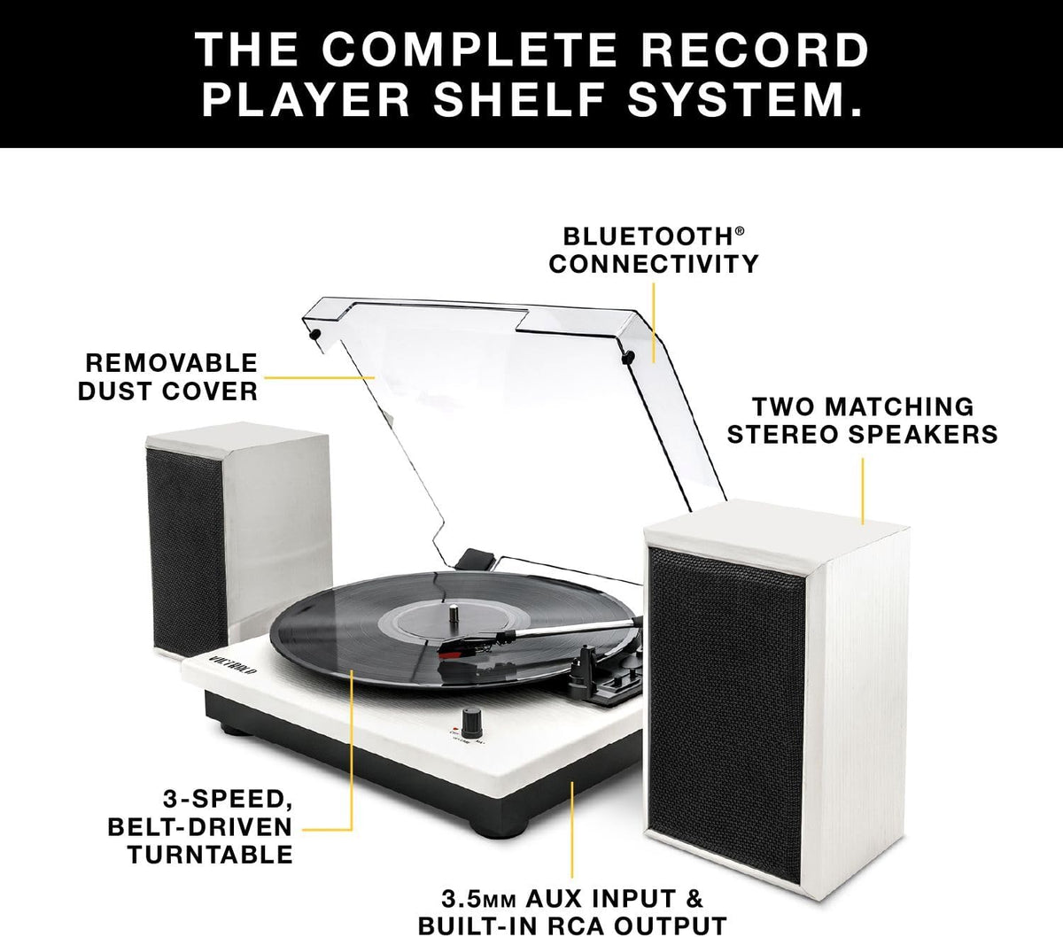 Victrola Montauk Vinyl Record Player, 3-Speed Belt Driven Turntable with Stereo Bluetooth Speaker Pair, RCA Output and 3.5mm Headphone Jack, Removable Dust Cover, Farmhouse Walnut Finish