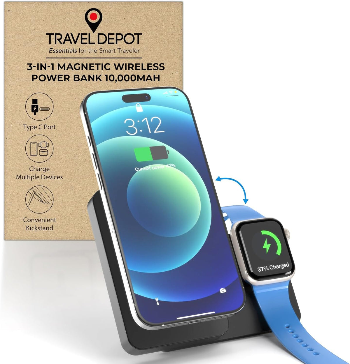 Magnetic Wireless Power Bank, 3-in-1 Portable Charger 10000mAh w/Kickstand, Battery Pack for MagSafe, Charging Station for iPhone 16/15/14/13, Apple Watch & AirPods, 15W Charger w/Stand