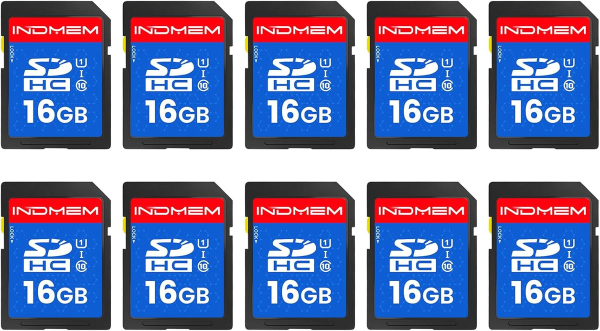 INDMEM SD Card 16GB, 10-Pack UHS-I Class 10 MLC Flash Memory Card, High-Speed Secure Digital Cards for Cameras, DSLR, Action Cams - Reliable Storage