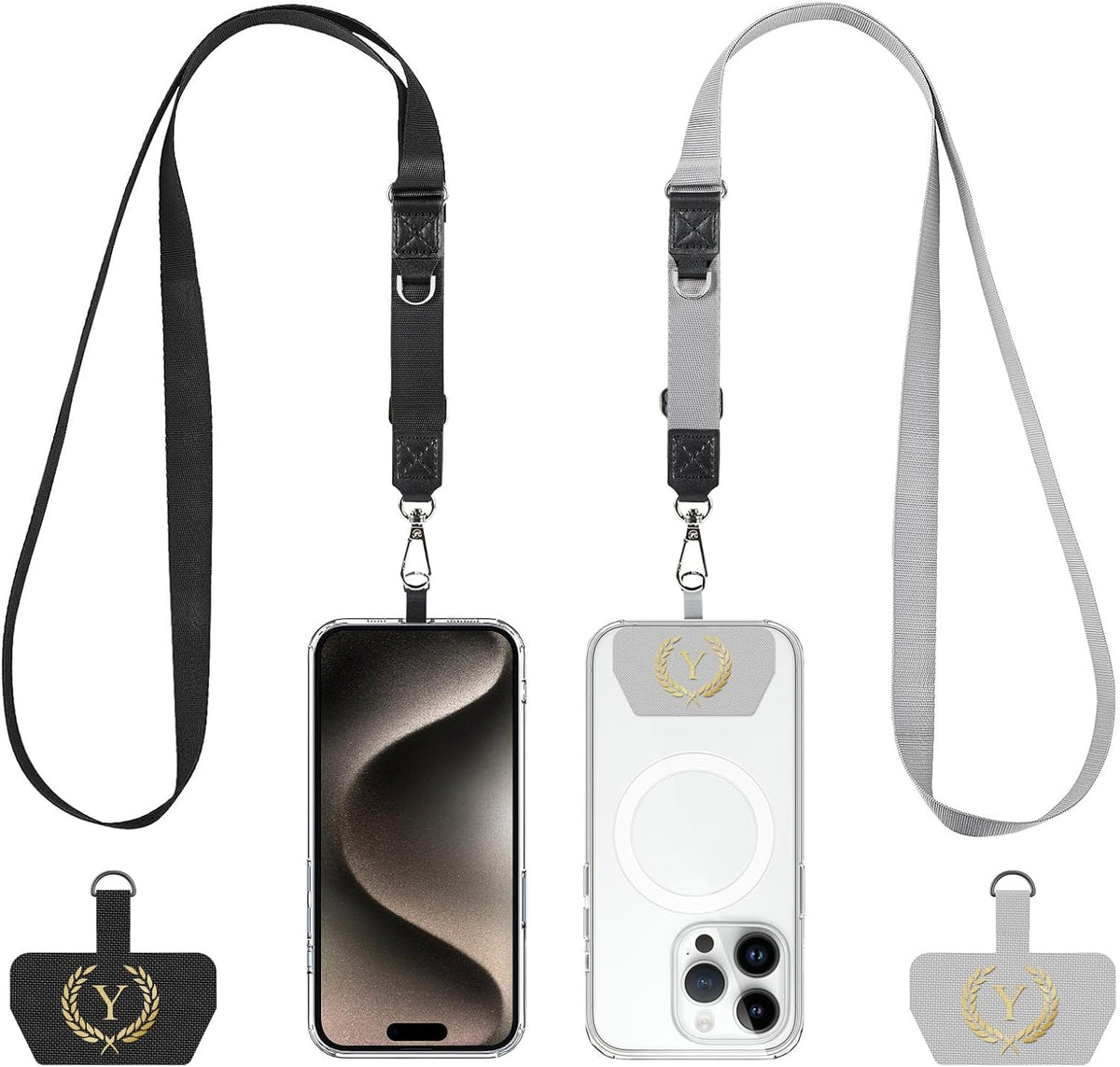 Phone Lanyard 2 Pack, Adjustable Cell Phone Multifuctional Patch Lanyards,Compatible with Most Smartphones and Wallets Keys ID Badges Travel Essentials(Black+Gray) (Lanyard Letter Sign Y)